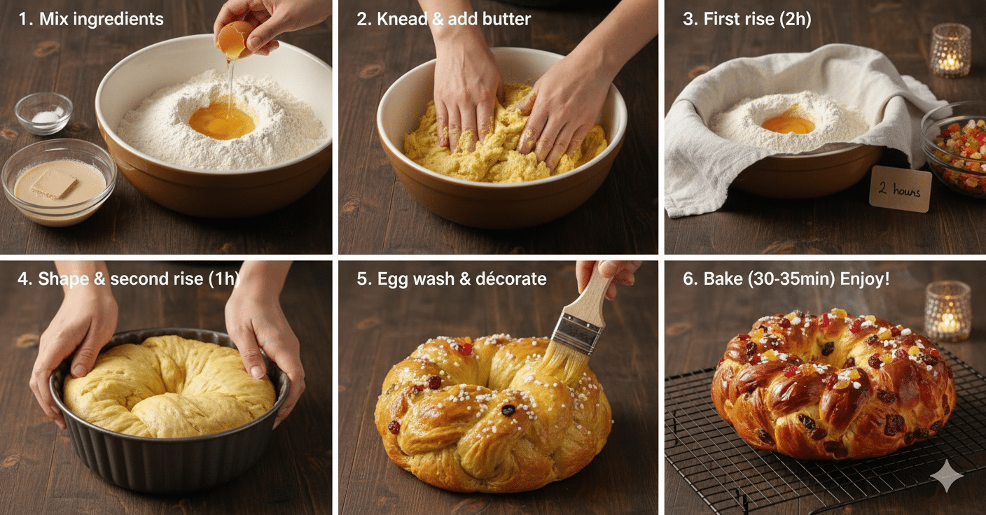 Brioche de Noël en couronne dorée avec sucre perlé et fruits confits Brioche de Noël aux Fruits Confits