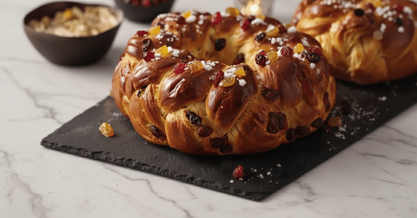 Pâte à brioche élastique avec des morceaux de beurre et des fruits confits colorés Brioche de Noël aux Fruits Confits