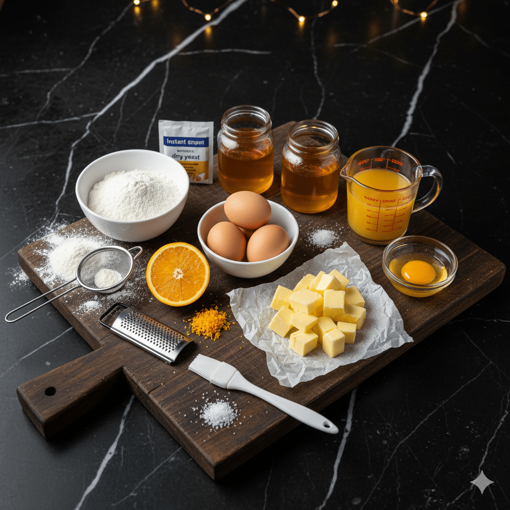 Ingrédients pour brioche de Noël miel et orange sur table en bois