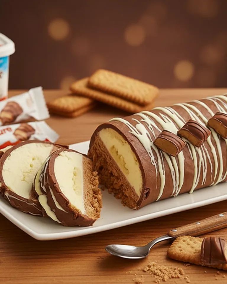 Chantilly bien ferme mélangée à la maryse avec du Nutella et du lait concentré. Bûche Kinder Bueno sans cuisson