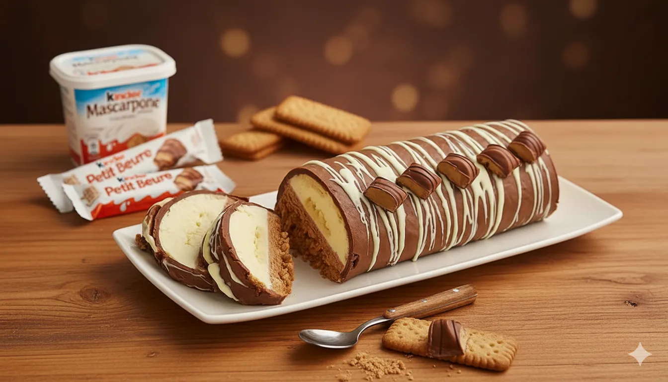 Bûche Kinder Bueno sans cuisson 2 Moule à bûche chemisé de film alimentaire avec une couche de mousse, un cœur de barres Kinder Bueno, et le reste de mousse. Bûche Kinder Bueno sans cuisson