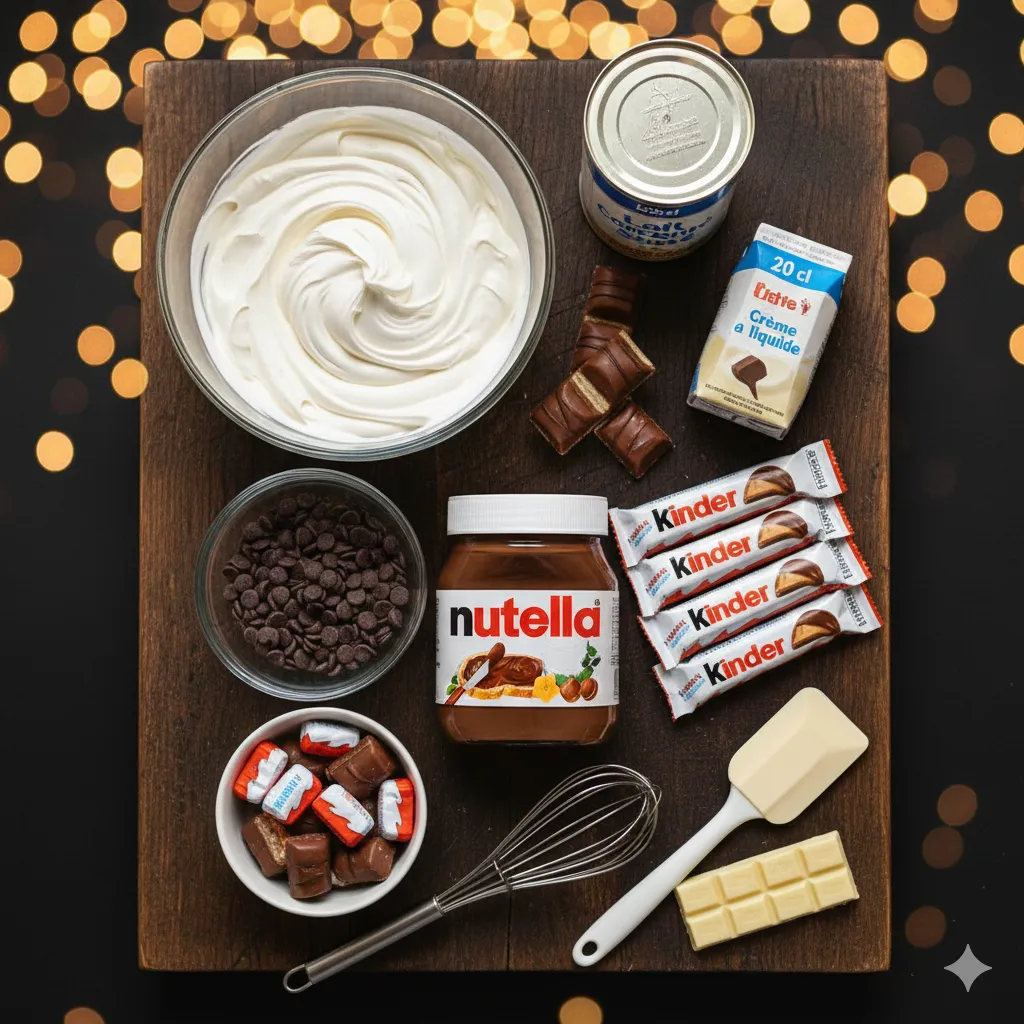 Bûche Kinder Bueno sans cuisson 3 Bûche démoulée sur une grille et nappée de ganache au chocolat noir lisse et brillante. Bûche Kinder Bueno sans cuisson