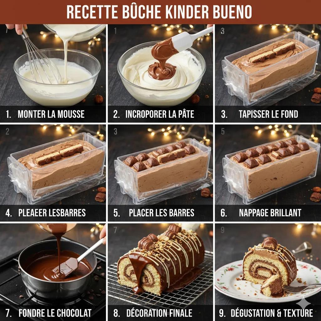 Tranche de bûche révélant la mousse onctueuse et le cœur de barre chocolatée. Bûche Kinder Bueno sans cuisson