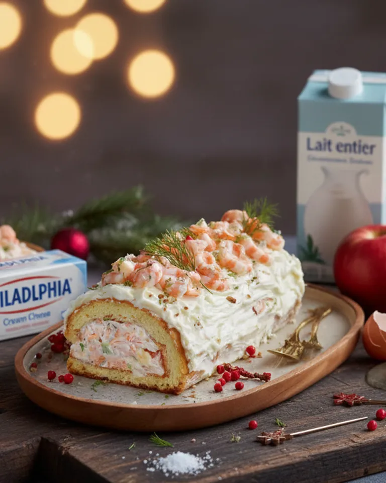 Biscuit roulé salé, légèrement doré et souple, sur une plaque de cuisson. Bûche Salée de Noël aux Crevettes et Saumon Fumé