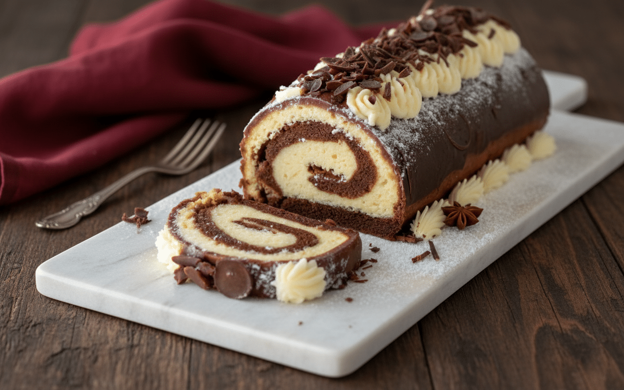 Crème vanille onctueuse en train d'épaissir dans une casserole sur le feu. Bûche Vanille Chocolat