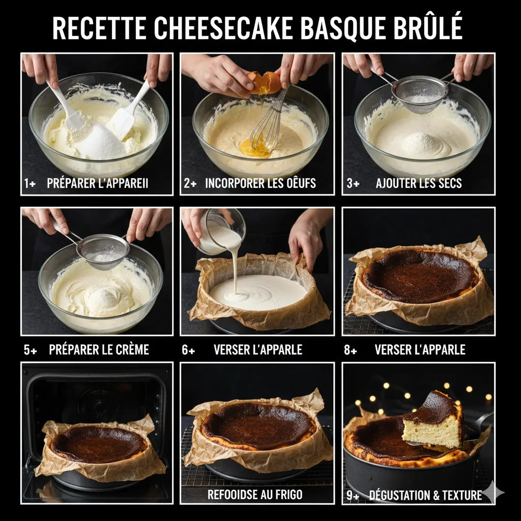 Cream cheese à température ambiante mélangé au sucre dans un saladier, montrant une texture lisse. Burnt Basque Cheesecake 