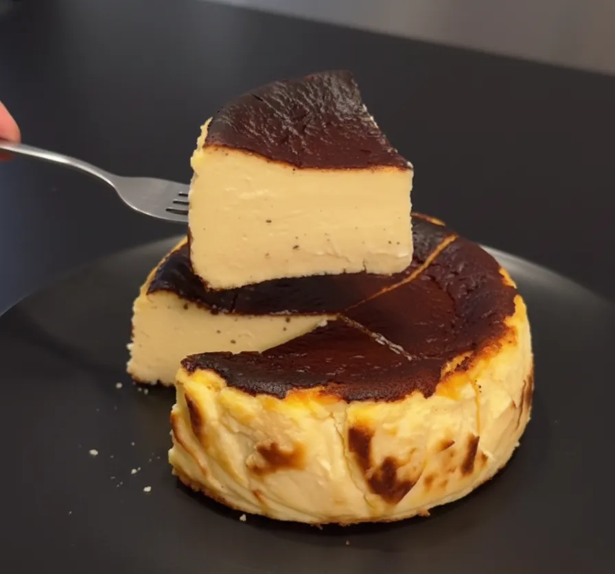 Cheesecake basque brûlé sortant du four, avec le dessus très foncé et le centre tremblotant. Burnt Basque Cheesecake 