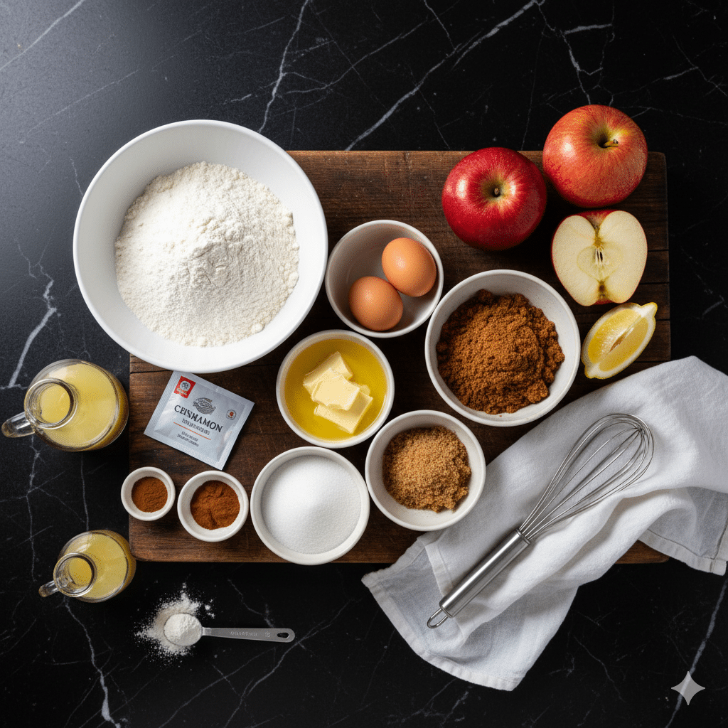 Montage du Cake aux Pommes : couche de pâte, tranches de pommes, et mélange cannelle-sucre. Cake aux Pommes à l’Ancienne