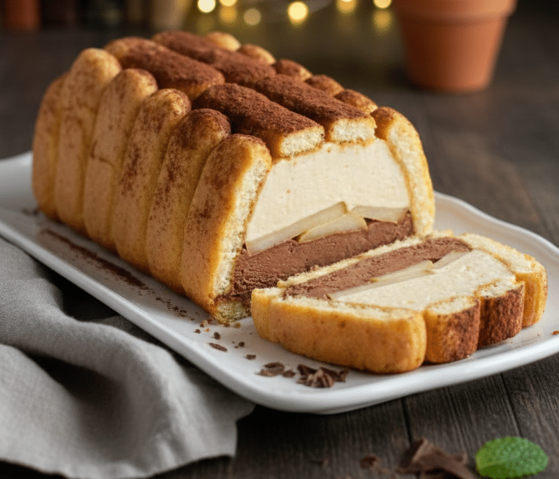 Bûche Choco-Poire façon charlotte 1 Spatule mélangeant du chocolat noir fondu brillant avec un jaune d'œuf dans un bol Bûche Choco-Poire façon charlotte