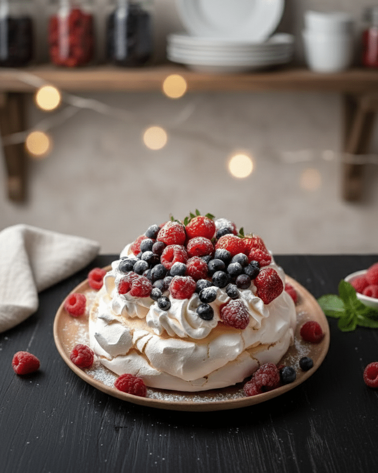 Disque de meringue blanche sur du papier sulfurisé avec un creux façonné au centre à la spatule. Pavlova nuage aux fruits rouges