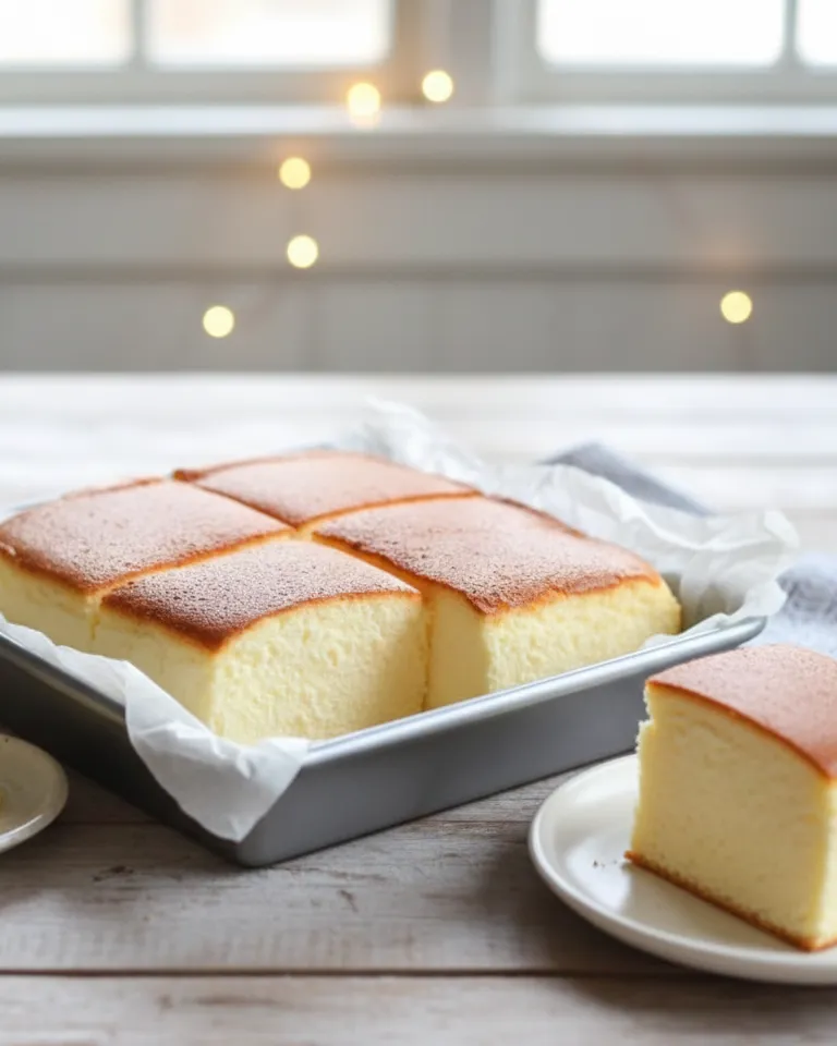 Gâteau Nuage Japonais cuit et légèrement retombé, saupoudré de sucre glace. Gâteau Nuage Japonais Gâteau Nuage Japonais