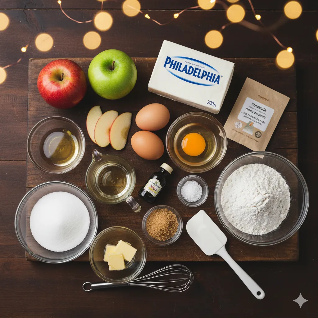 Lamelles de pommes disposées en rosace régulière sur le caramel fondu au fond du moule. Gâteau Pommes et Fromage Frais