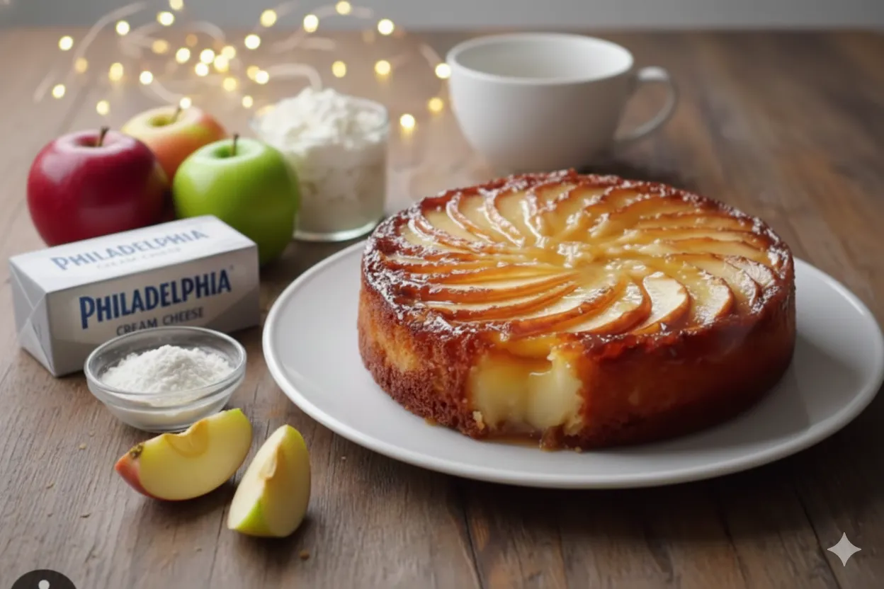Gâteau renversé sur un plat, révélant les pommes caramélisées et brillantes sur le dessus. Gâteau Pommes et Fromage Frais