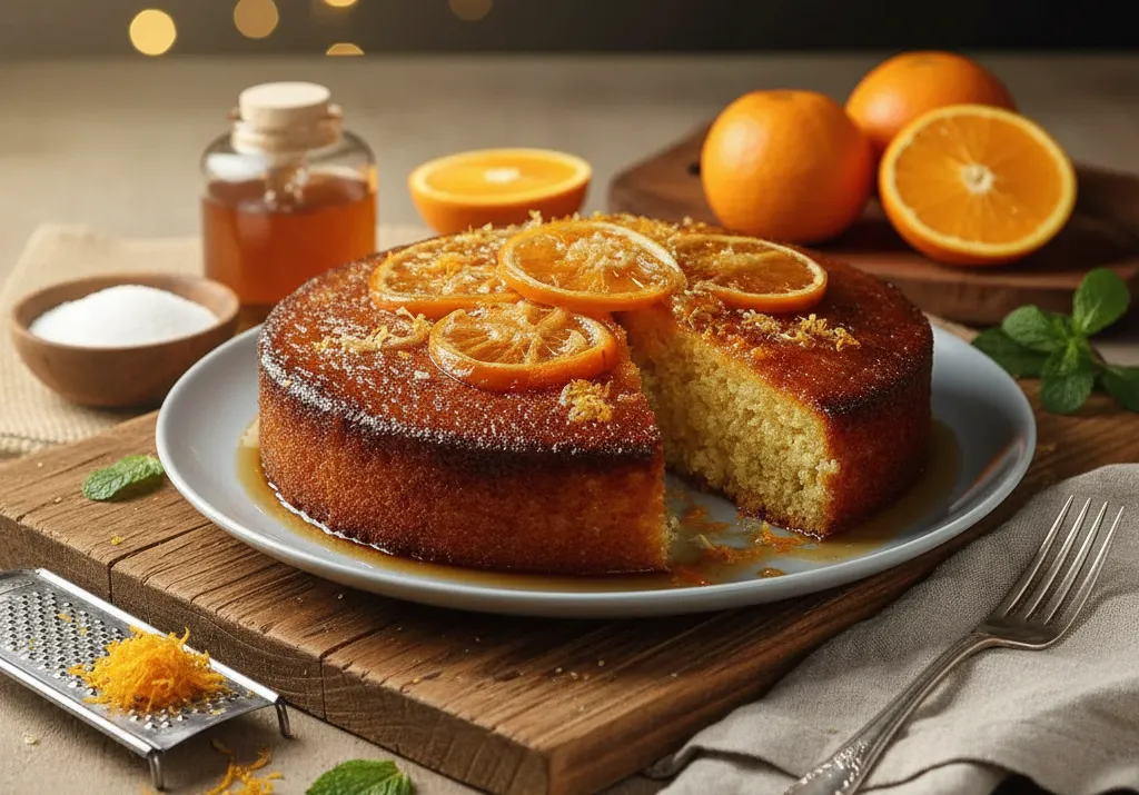 Gâteau de Semoule à l’Orange entier, doré et moelleux, décoré de zeste d'orange.
