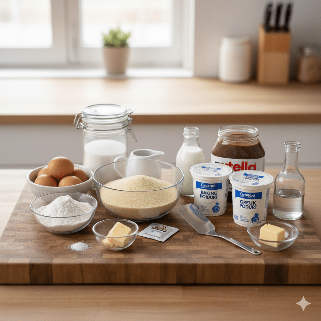 Carrés de Basboussa disposés sur un plat de service avec un thé à la menthe en arrière-plan. Basboussa au yaourt et fleur d'oranger