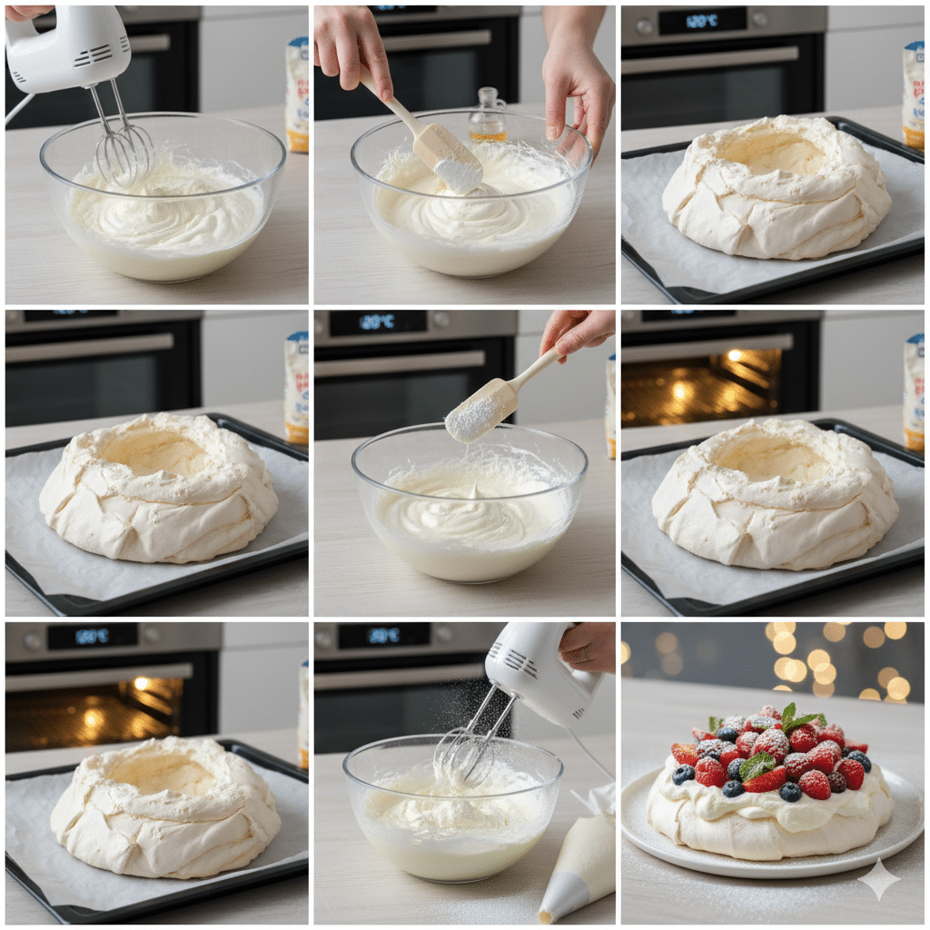 Spatule déposant une crème chantilly onctueuse et blanche au centre d'une meringue cuite. Pavlova nuage aux fruits rouges