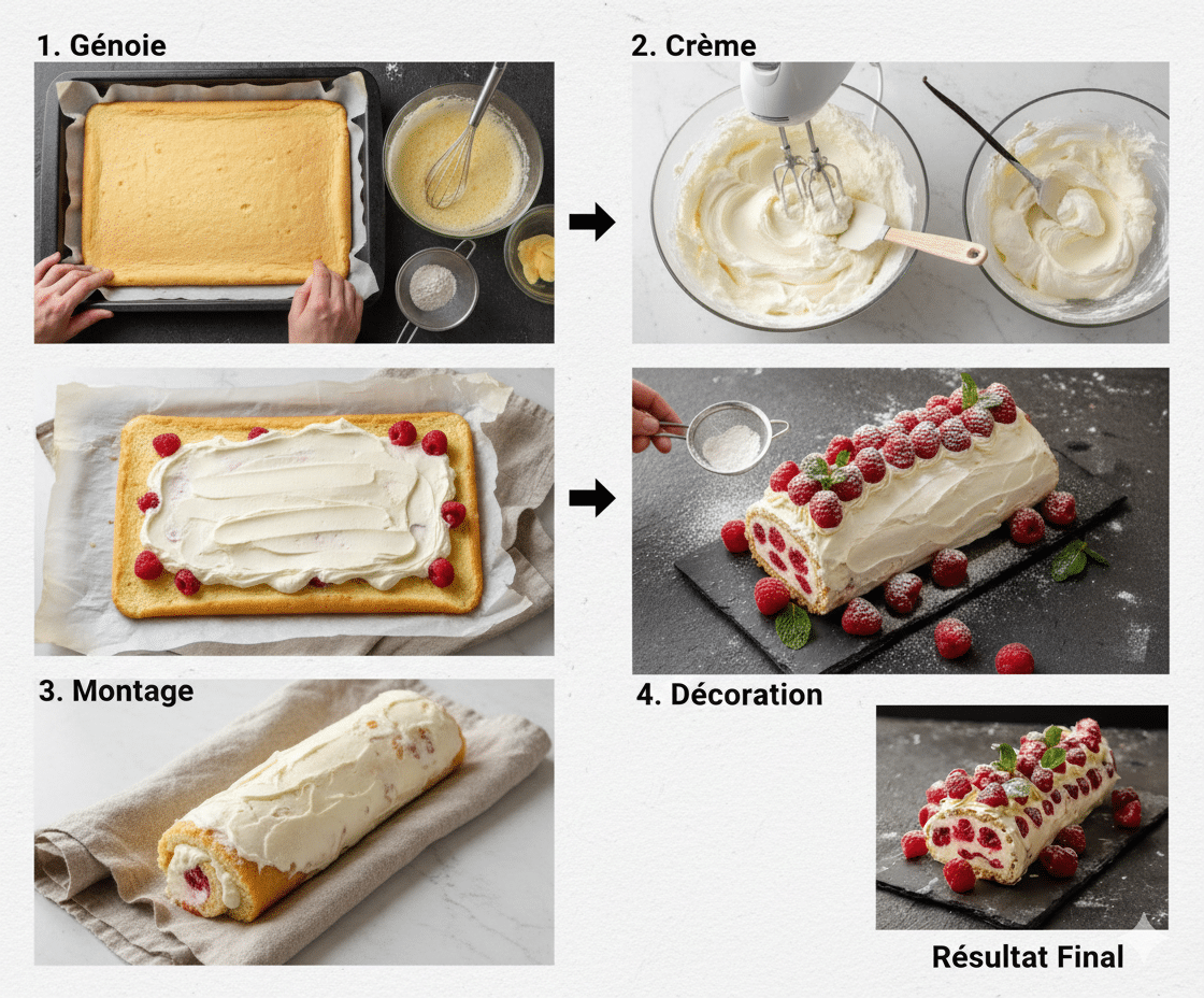 Bûche roulée couverte de crème blanche, décorée de framboises rouges et de feuilles de menthe Bûche roulée à la framboise-Mascarpone