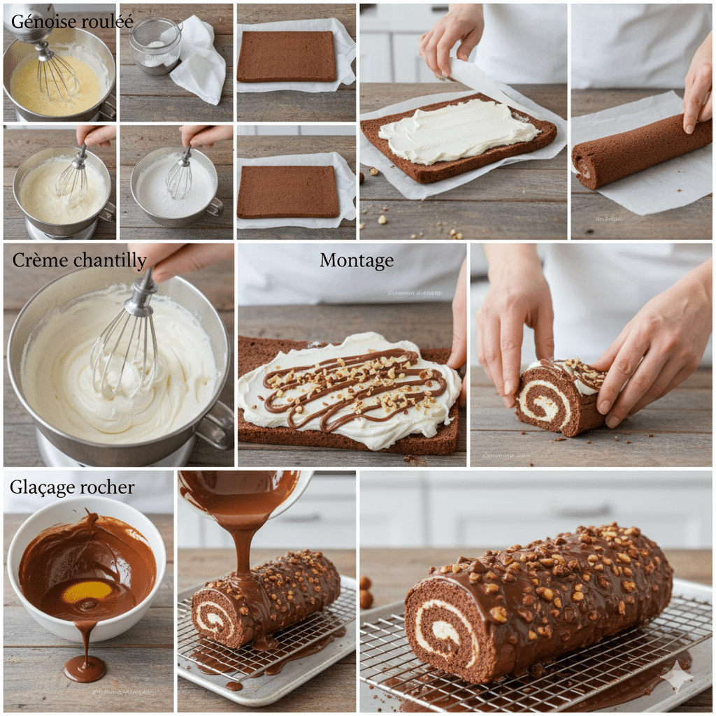 Mousse d'œufs et de sucre très pâle tombant en ruban épais d'un fouet de robot pâtissier. Roulé Façon Ferrero