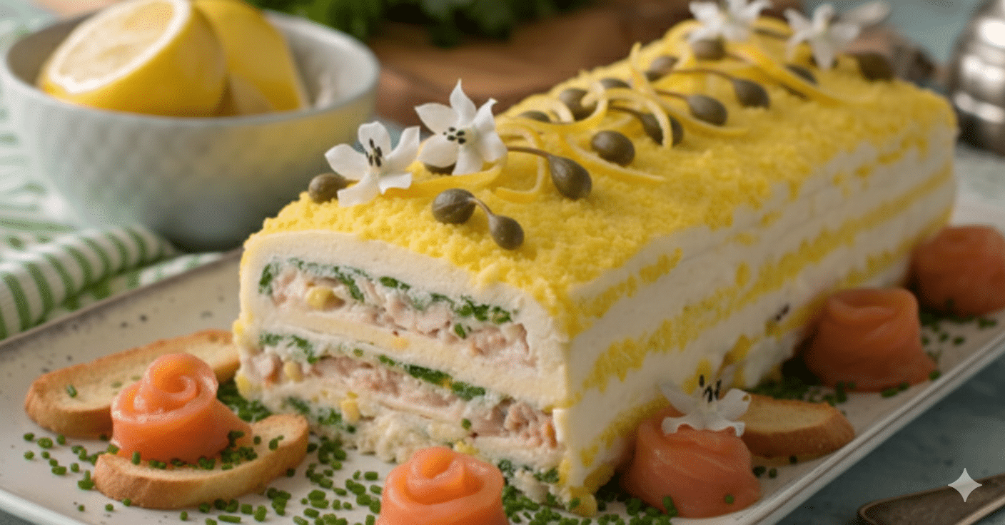 Bûche démoulée sur un plat long, révélant ses couches horizontales Bûche Salée Œufs Mimosa-Thon