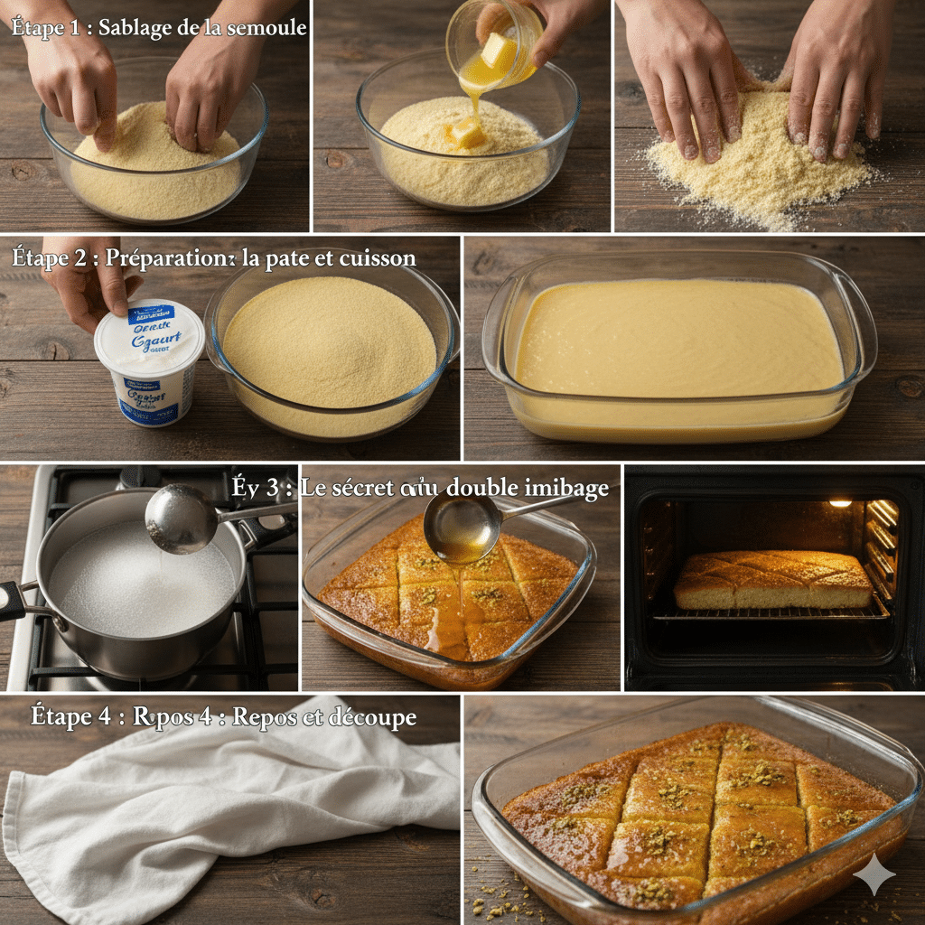 Mains mélangeant de la semoule de blé et du beurre fondu dans un bol en verre. Basboussa au yaourt et fleur d'oranger