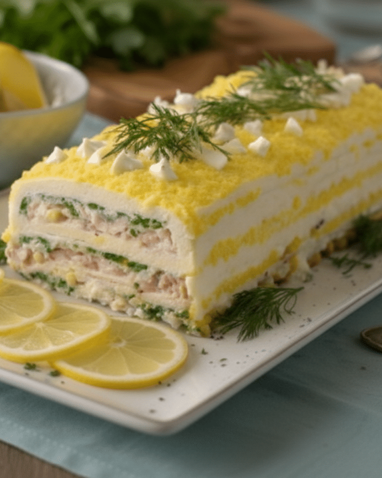 Bûche salée recouverte de jaune d'œuf émietté, décorée d'aneth et de tranches de citron Bûche Salée Œufs Mimosa-Thon