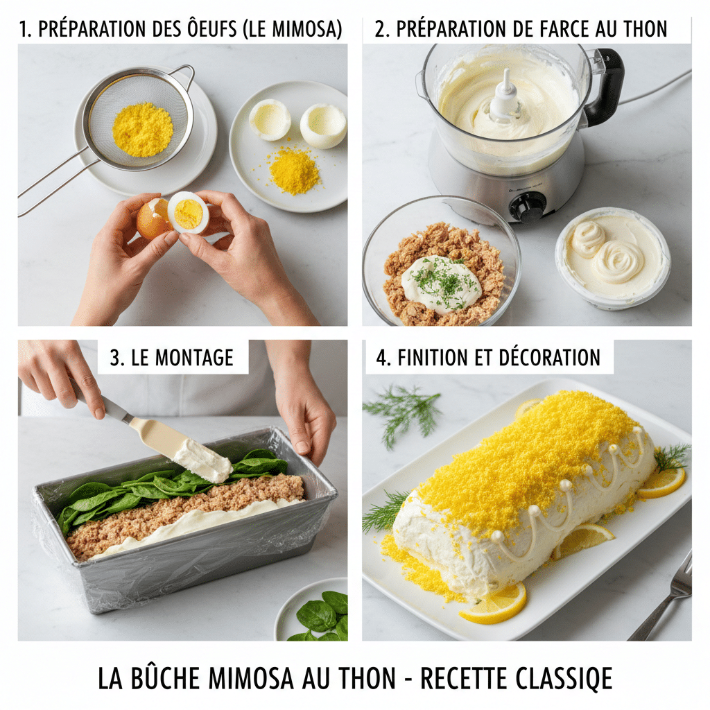 Moule à cake tapissé de film étirable avec des couches successives de crème blanche, d'épinards et de thon Bûche Salée Œufs Mimosa-Thon