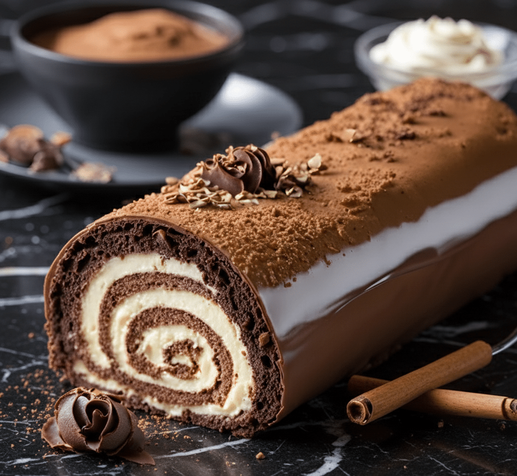 Bûche Façon Tiramisu 1 Une main secouant une passoire fine pour saupoudrer de cacao une bûche roulée