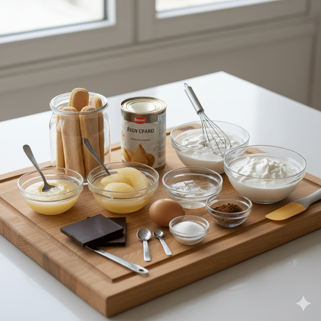 Bûche Choco-Poire façon charlotte 4 Tranche de bûche montrant une couche de mousse chocolat et une couche de mousse poire avec des biscuits sur le pourtour Bûche Choco-Poire façon charlotte