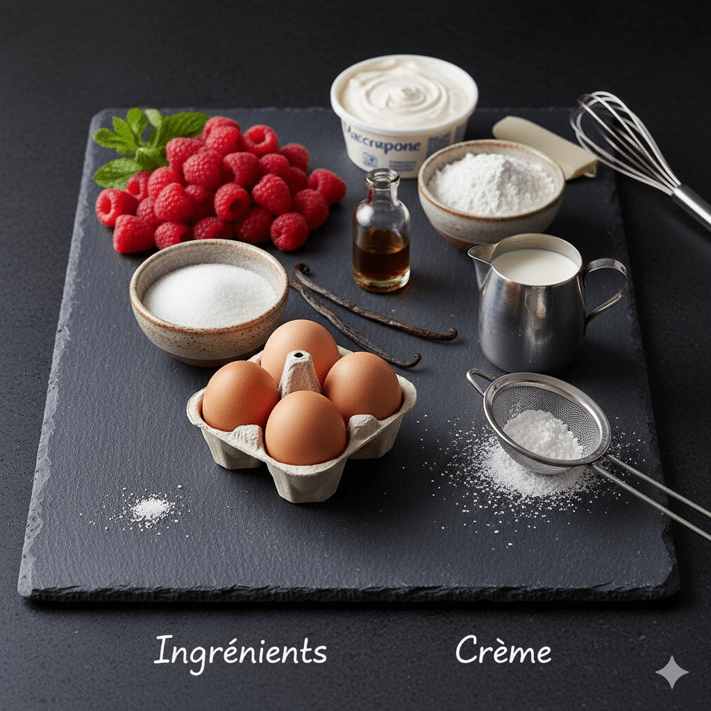 Bûche roulée à la framboise-Mascarpone 2 Crème blanche onctueuse étalée uniformément sur un biscuit rectangulaire Bûche roulée à la framboise-Mascarpone