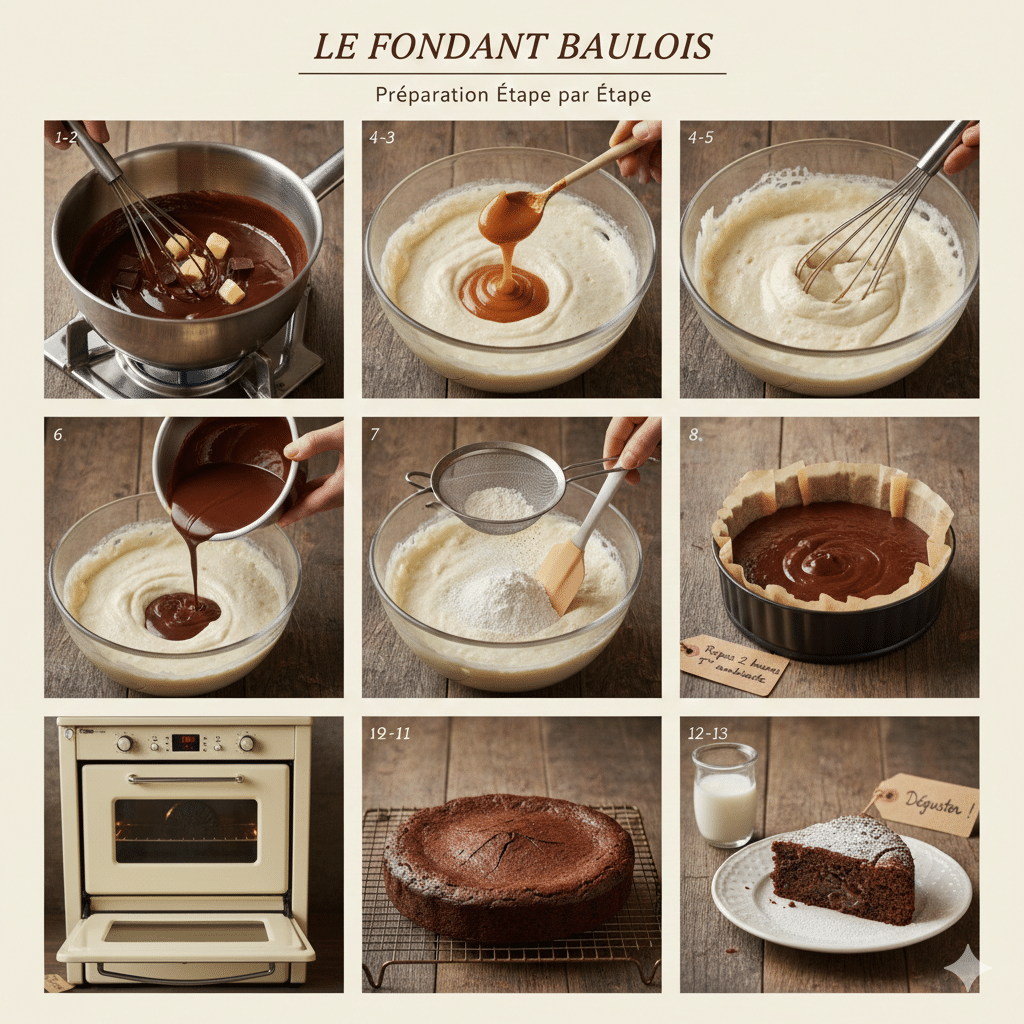 Fondant Baulois A slice of chocolate fondant served on a plate with a dollop of whipped cream and a small cup of espresso on a marble tabletop.