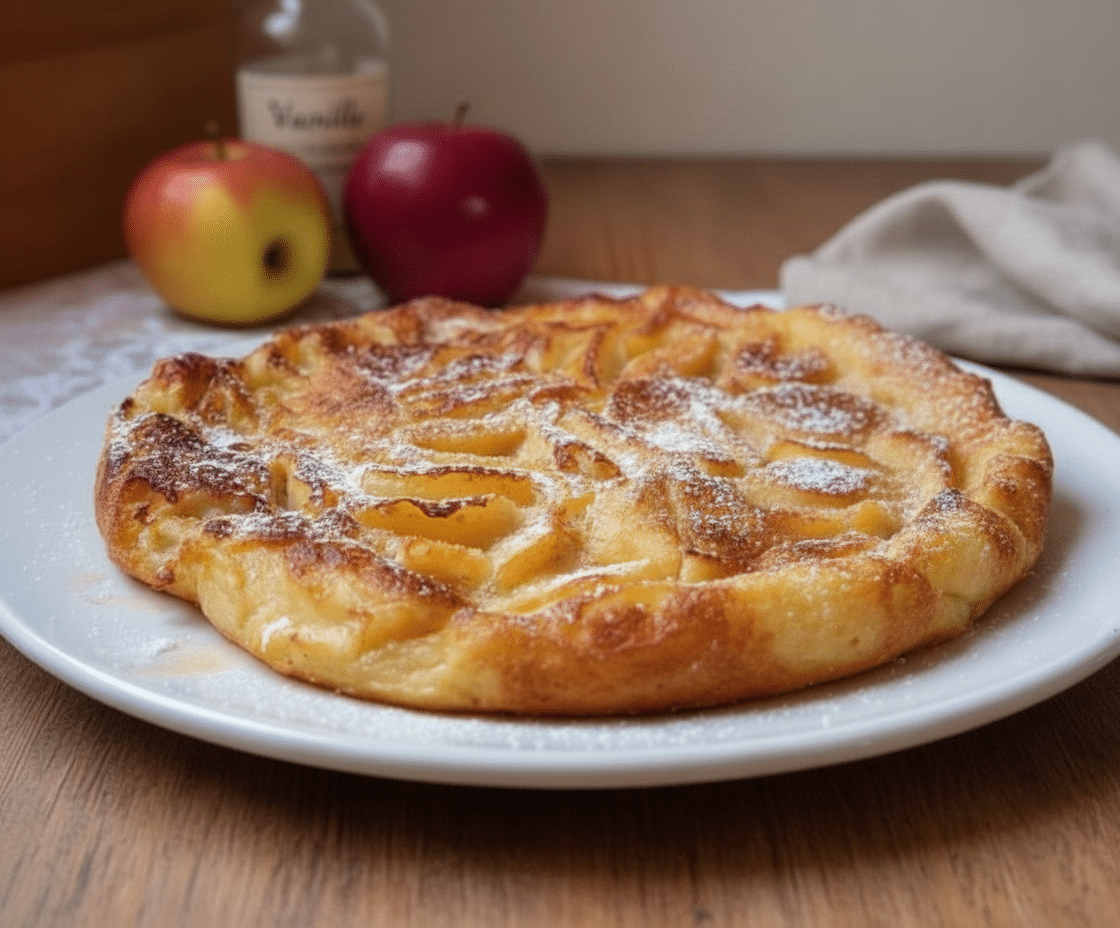 Pâte à crépiau versée doucement sur les morceaux de pommes dorés dans la poêle. Crépiau Fondant aux Pommes Doucement Dorées