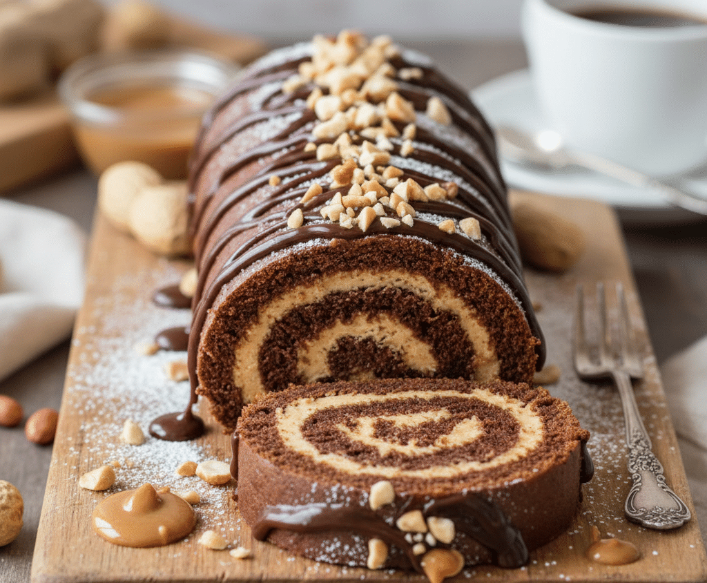 Roulé Chocolat et Beurre de Cacahuète 2 Roulé Chocolat et Beurre de Cacahuète Spatule étalant une crème de beurre de cacahuète épaisse sur un biscuit au chocolat déroulé