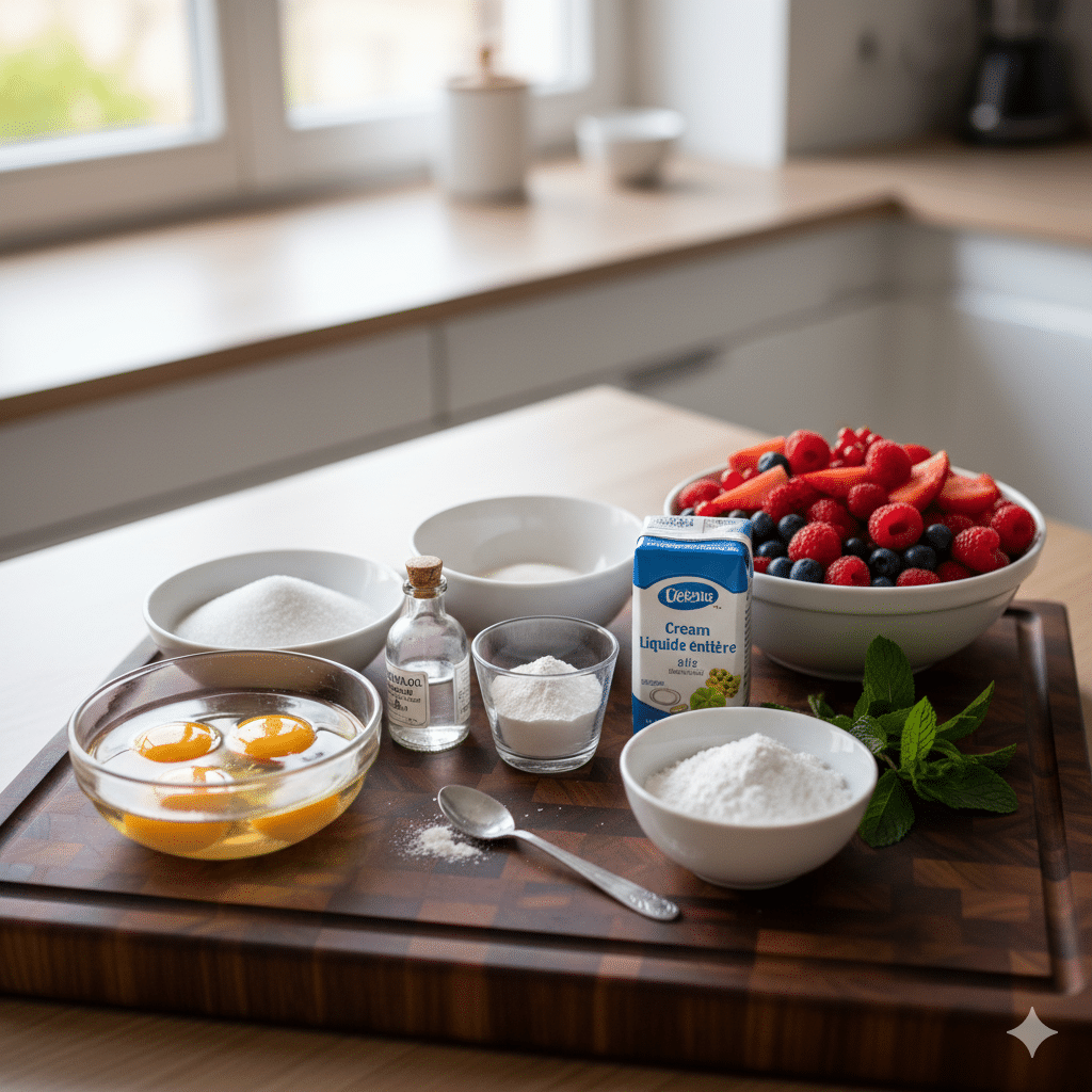 Pavlova nuage aux fruits rouges 4 Pavlova magnifique surmontée de fraises, framboises, myrtilles et feuilles de menthe. Pavlova nuage aux fruits rouges