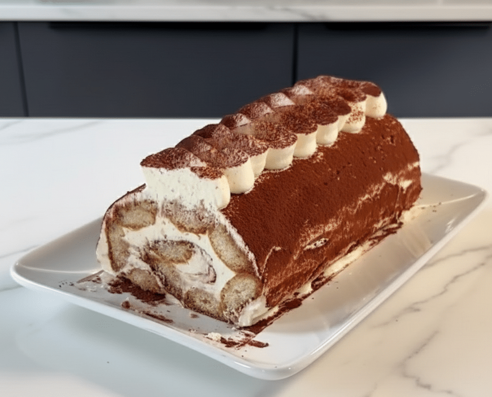 Bûche de tiramisu sur un plat, généreusement couverte de cacao noir en poudre