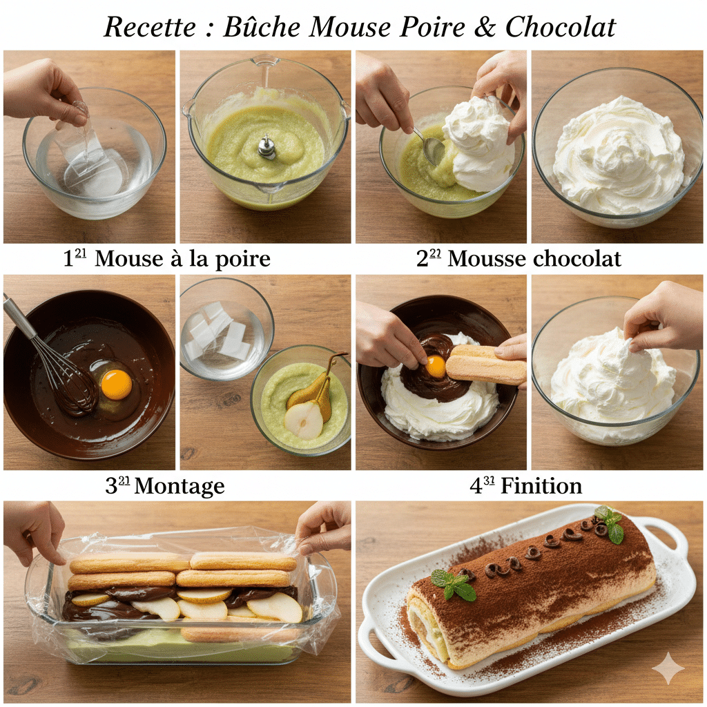 Bûche Choco-Poire façon charlotte Biscuits à la cuillère alignés contre les parois d'un moule à cake chemisé