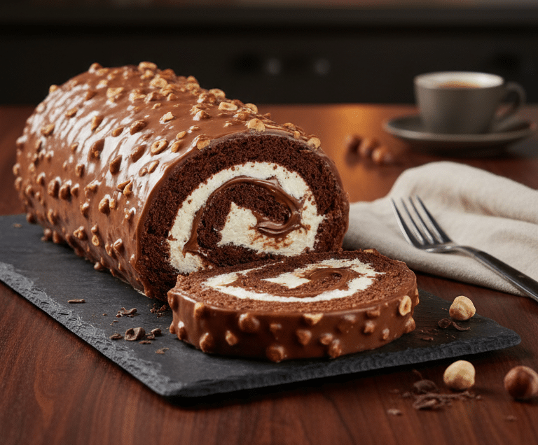 Filets de pâte à tartiner chocolat-noisette coulant sur une couche de crème fouettée. Roulé Façon Ferrero