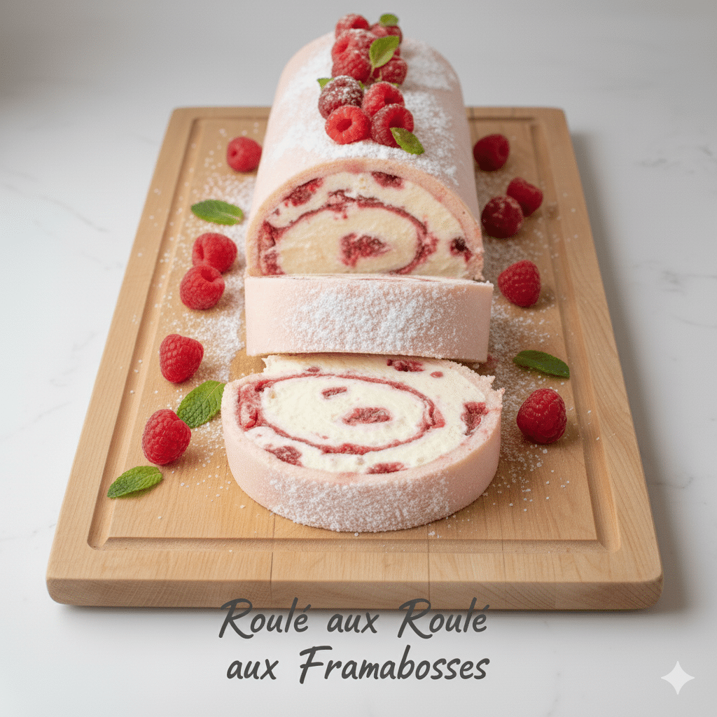 Biscuit rectangulaire de couleur rose vif en train d'être roulé délicatement dans un torchon de cuisine blanc humide Roulé aux Framboises et à la Crème Mascarpone