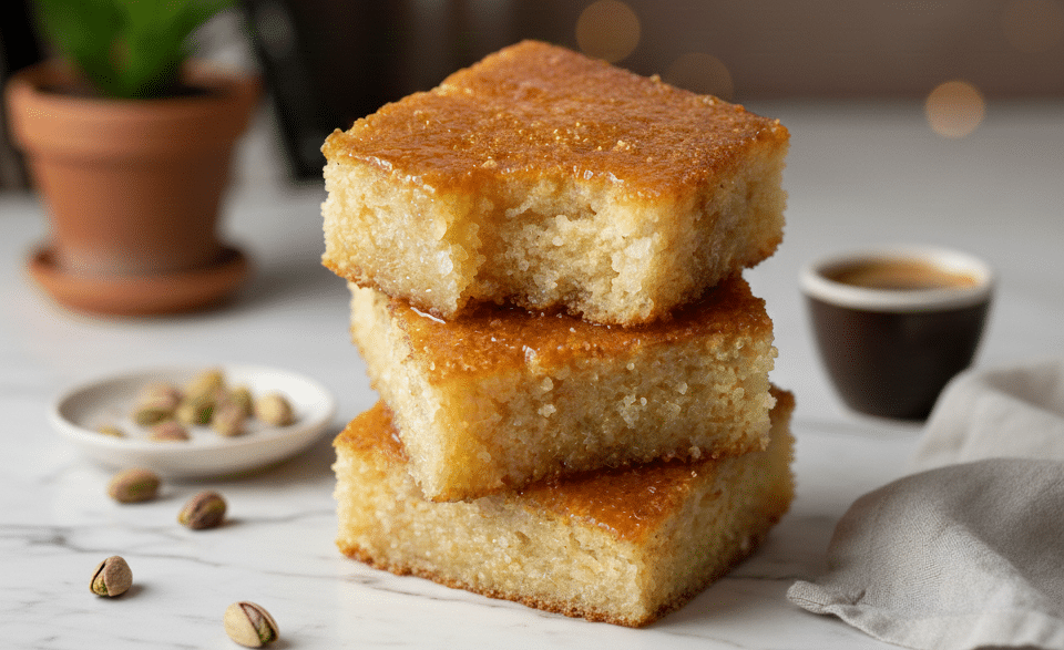 Sirop transparent versé à la louche sur un gâteau de semoule doré sortant du four. Basboussa au yaourt et fleur d'oranger