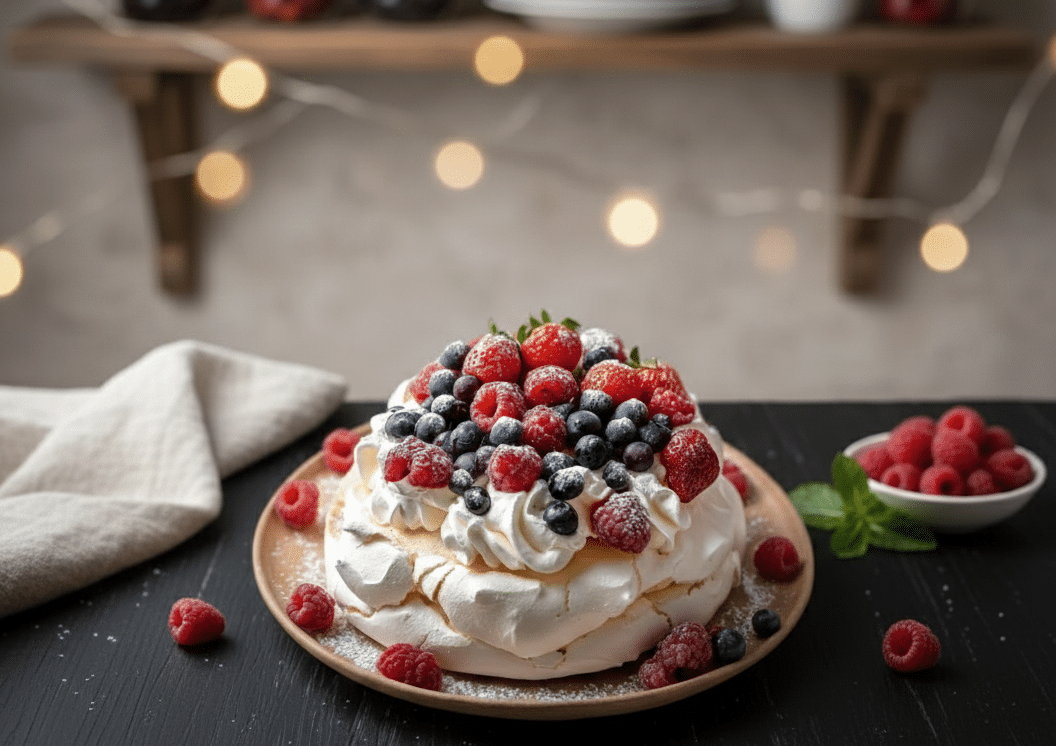 Pavlova nuage aux fruits rouges 1 Fouet de batteur soulevant une meringue blanche très brillante et ferme formant une pointe courbée. Pavlova nuage aux fruits rouges