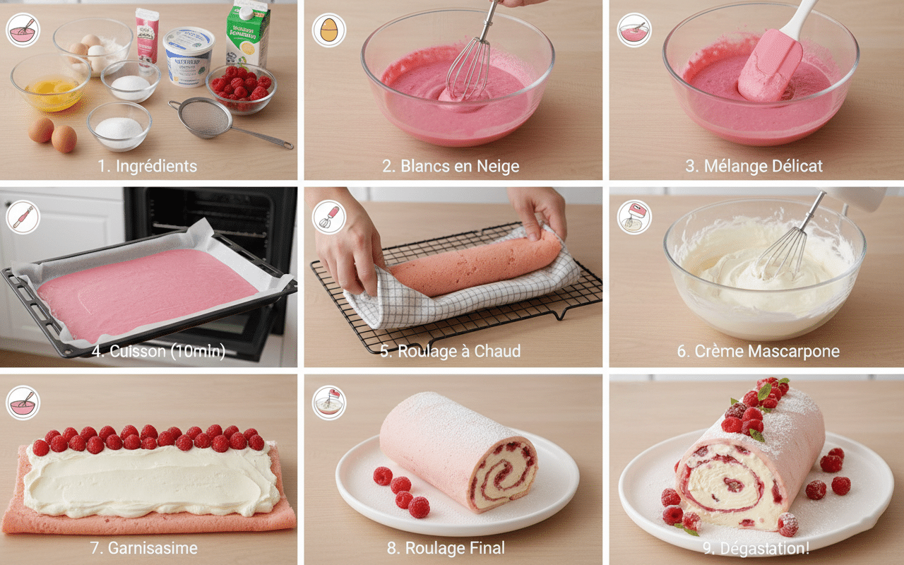 Tranche de gâteau roulé rose révélant une spirale parfaite de crème et de framboises, décorée de sucre glace Roulé aux Framboises et à la Crème Mascarpone