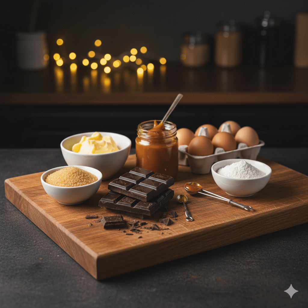 Fondant Baulois 4 Fondant Baulois An artistic arrangement of dark chocolate chunks, a bowl of salted butter, brown cane sugar, and a sprinkle of sea salt around a cake.