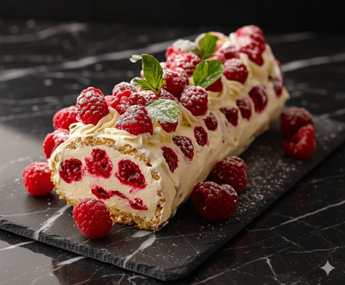 Bûche roulée à la framboise-Mascarpone 3 Génoise chaude enroulée dans un torchon de cuisine propre et humide Bûche roulée à la framboise-Mascarpone