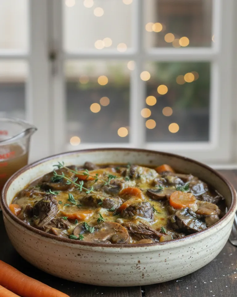 Joue de Bœuf Mijotée aux Champignons servie avec sa sauce riche et garnie de persil. Joue de Bœuf Mijotée aux Champignons