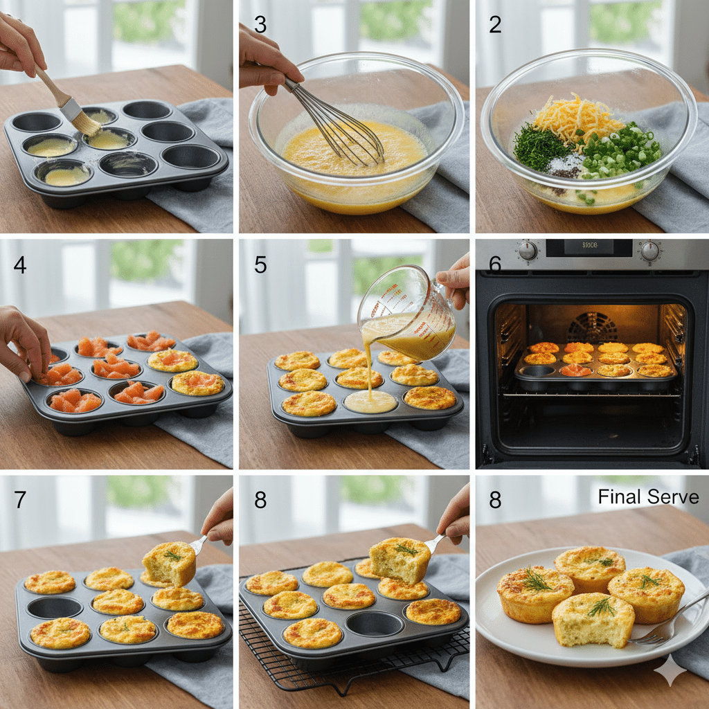Appareil versé dans des moules à muffins beurrés avec du saumon fumé au fond Mini Quiches sans Croûte au Saumon Fumé et Aneth