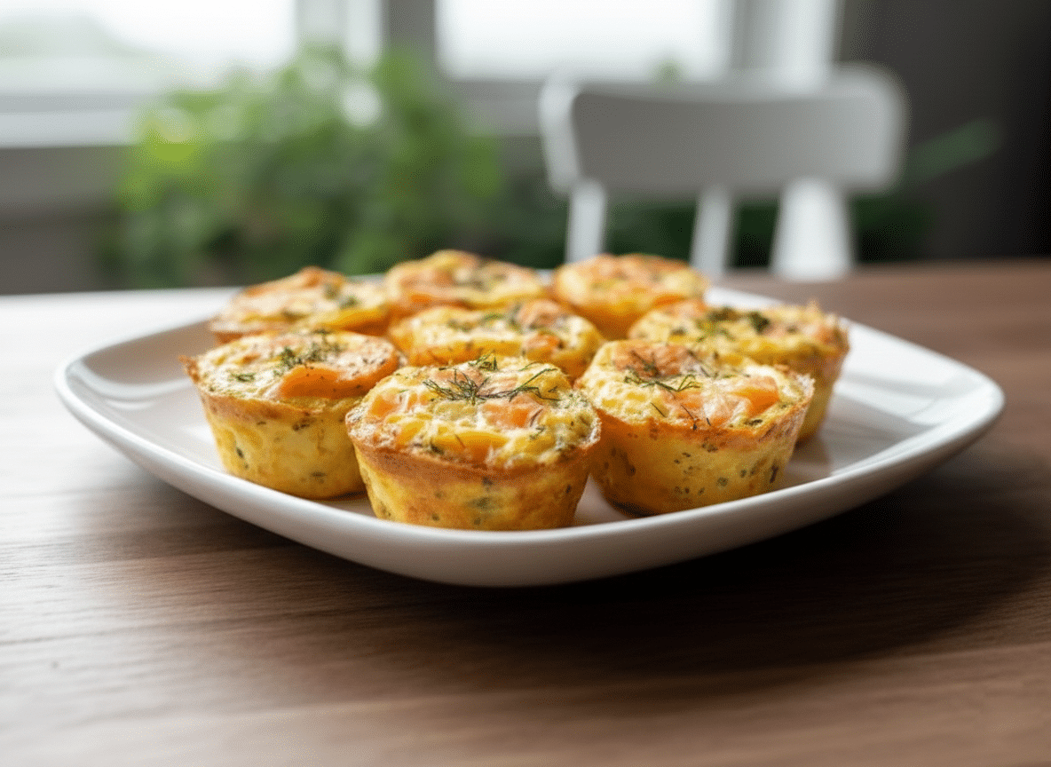 Morceaux de saumon fumé et aneth frais haché Mini Quiches sans Croûte au Saumon Fumé et Aneth