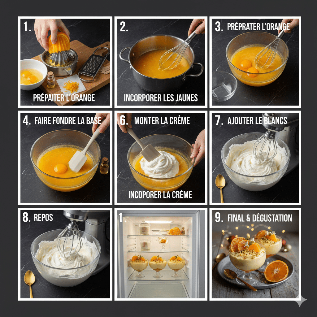 Verrines de Mousse de Noël Orange Fleur d'Oranger décorées de zeste Title : Mousse de Noël Prête à Déguster Mousse de Noël à l’Orange et à la Fleur d’Oranger