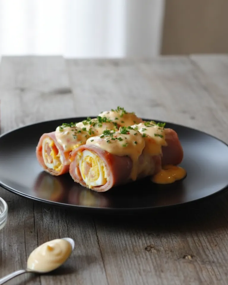 Ingrédients pour la farce Mimosa et les Rouleaux de Jambon : œufs, jambon, mayonnaise et ciboulette. Rouleaux de Jambon aux Œufs Mimosa