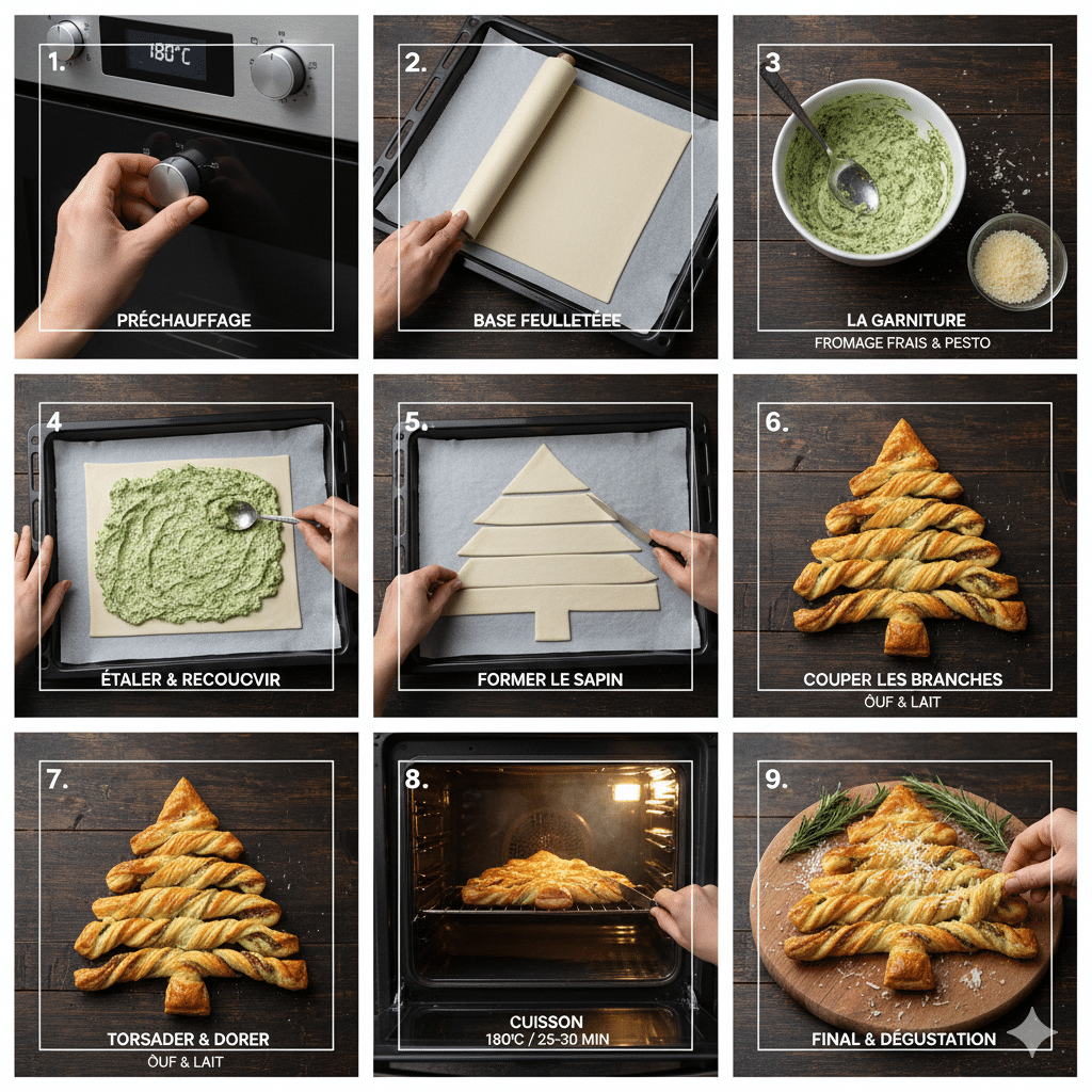 Sapin feuilleté cuit et doré, décoré de graines de grenade et romarin