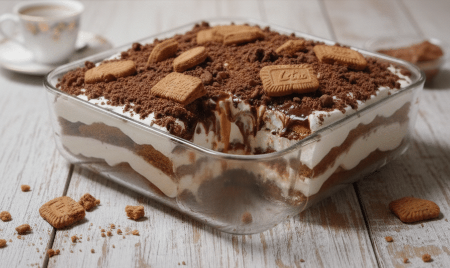 Biscuit Biscoff trempé rapidement dans un bol de lait.  Tiramisu au Biscoff Ultra Gourmand et Crémeux