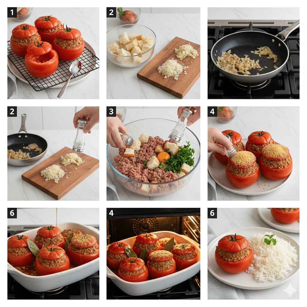 Tomate coupée et évidée, salée, mise à égoutter sur une grille Tomates Farcies à l'Ancienne